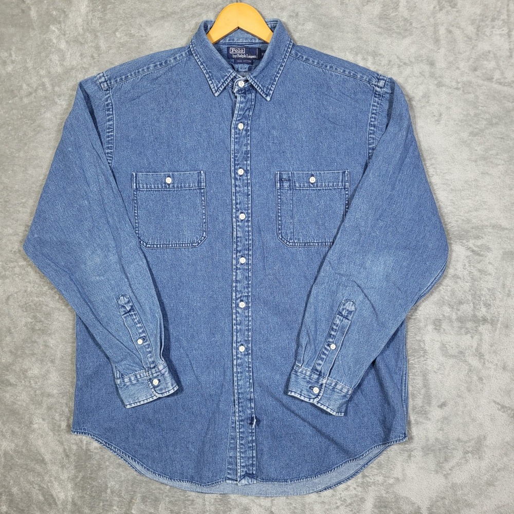 Polo Ralph Lauren Mens Denim Button Down Shirt XL Long Sleeve Blue Front Pockets